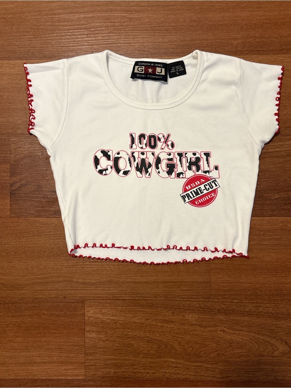 White '100% Cowgirl' Graphic Crop Top with Red Trim